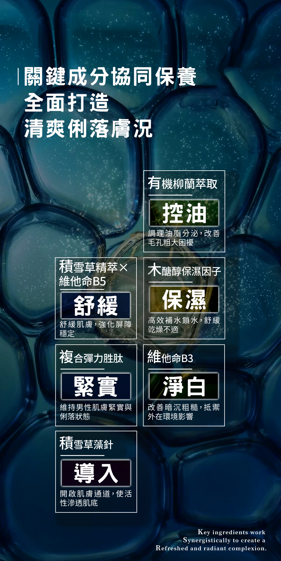 關鍵成分協同保養 全面打造 清爽俐落膚況